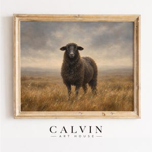 Black sheep portrait printable art for farmhouse — moody pastoral painting with golden grasses and misty countryside