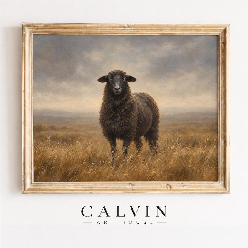 Black sheep portrait printable art for farmhouse — moody pastoral painting with golden grasses and misty countryside