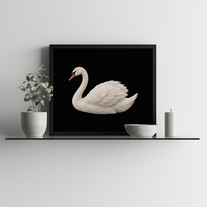 Graceful swan digital print for living space — timeless creature study with cream tones and dark background