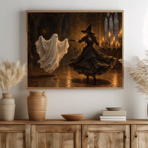 Ghostly partner and witch in ruffled gown poster for parlor — romantic gothic scene with glowing candles and classical brushwork