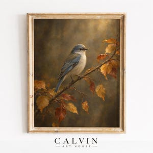 Perched bird wall decor for farmhouse — traditional painting with gnarled branch and fall-inspired hues