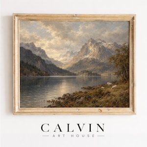 Serene alpine painting showing reflective lake waters and stormy sky — classic countryside picture