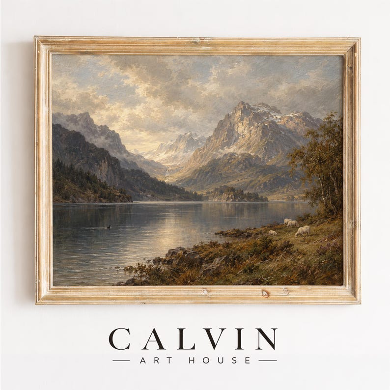 Serene alpine painting showing reflective lake waters and stormy sky — classic countryside picture
