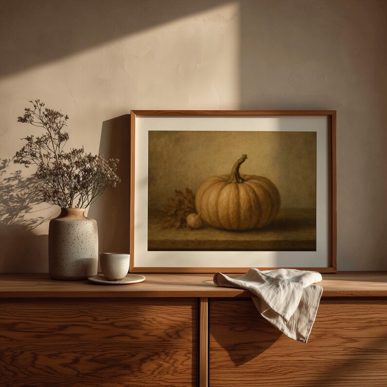 Vintage pumpkin study digital print for country home — moody rustic painting with dried leaf and bulb accents