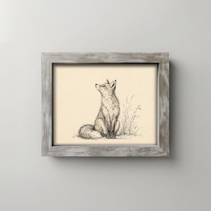 Rustic fox line drawing for cabin décor — detailed naturalist pen art evoking cozy farmhouse character