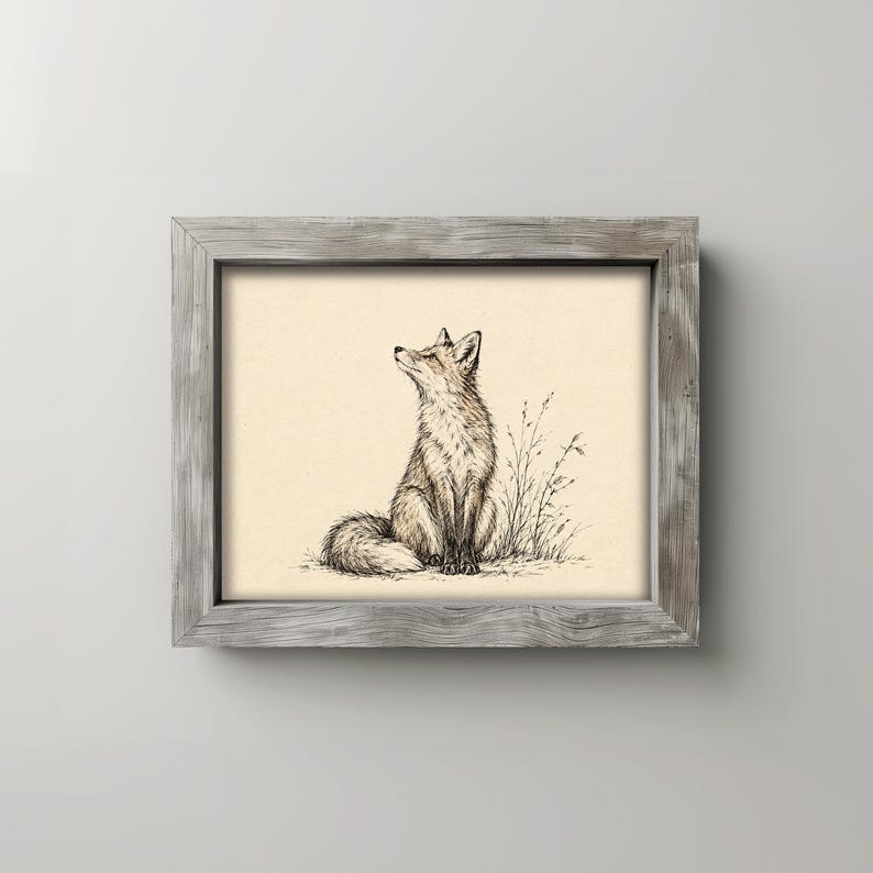 Rustic fox line drawing for cabin décor — detailed naturalist pen art evoking cozy farmhouse character