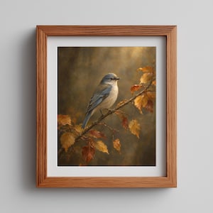 Blue songbird poster for bedroom — vintage autumn leaves with moody oil painting aesthetic