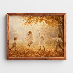 Playful autumn gathering beneath golden tree picture printable for living room — nostalgic vintage landscape with timeless childhood charm
