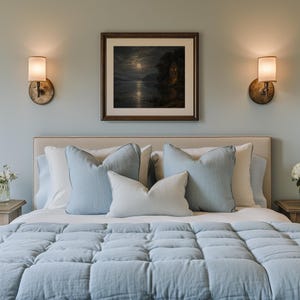 Shadowy lakeside mansion artwork for home theater — moody nocturnal painting with mist-covered hills and water lilies