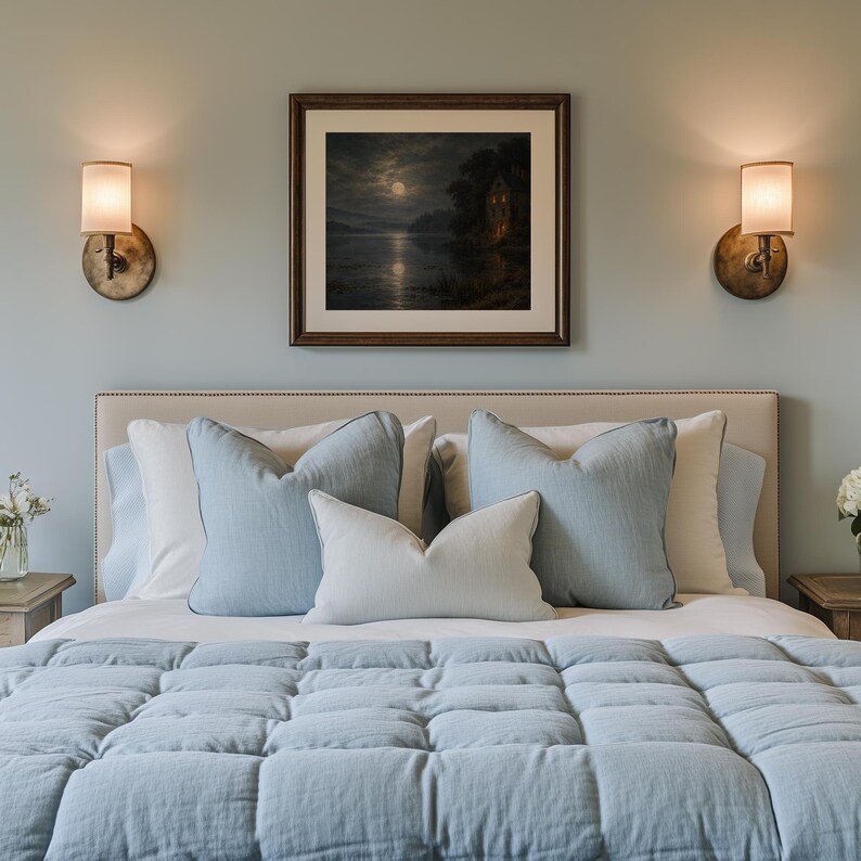 Shadowy lakeside mansion artwork for home theater — moody nocturnal painting with mist-covered hills and water lilies