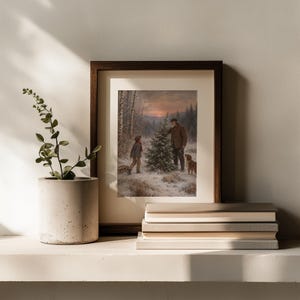 Vintage winter family memory poster print — heartfelt holiday scene featuring boy, senior man, faithful dog, and snow-covered forest