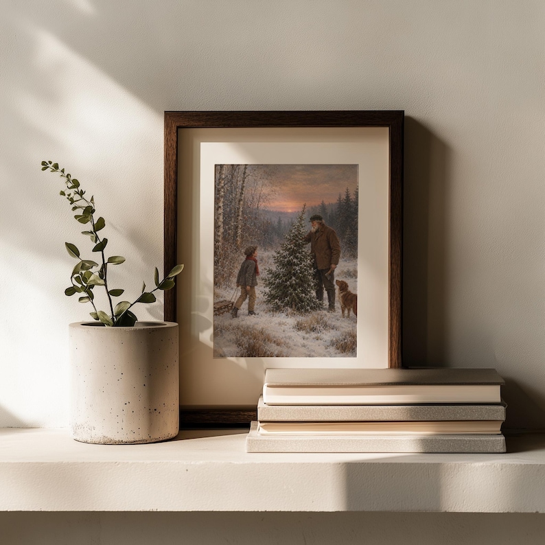 Vintage winter family memory poster print — heartfelt holiday scene featuring boy, senior man, faithful dog, and snow-covered forest