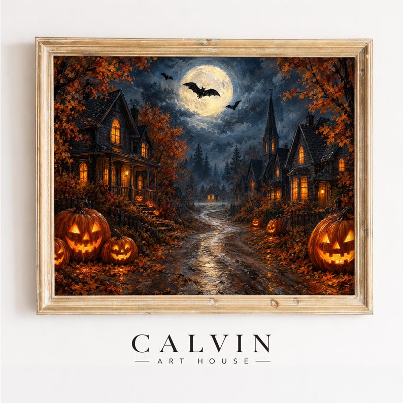 Atmospheric village painting instant download — autumn leaves scattered along moonlit path toward warmly-lit ghostly houses