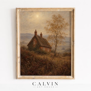 Vintage pastoral landscape picture — distant birds, soft atmospheric glow, warm autumn colors