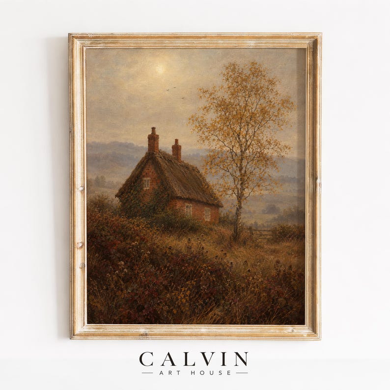 Vintage pastoral landscape picture — distant birds, soft atmospheric glow, warm autumn colors