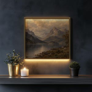 Classic alpine vista printable art for dining room — layered clouds and textured brushwork in vintage style