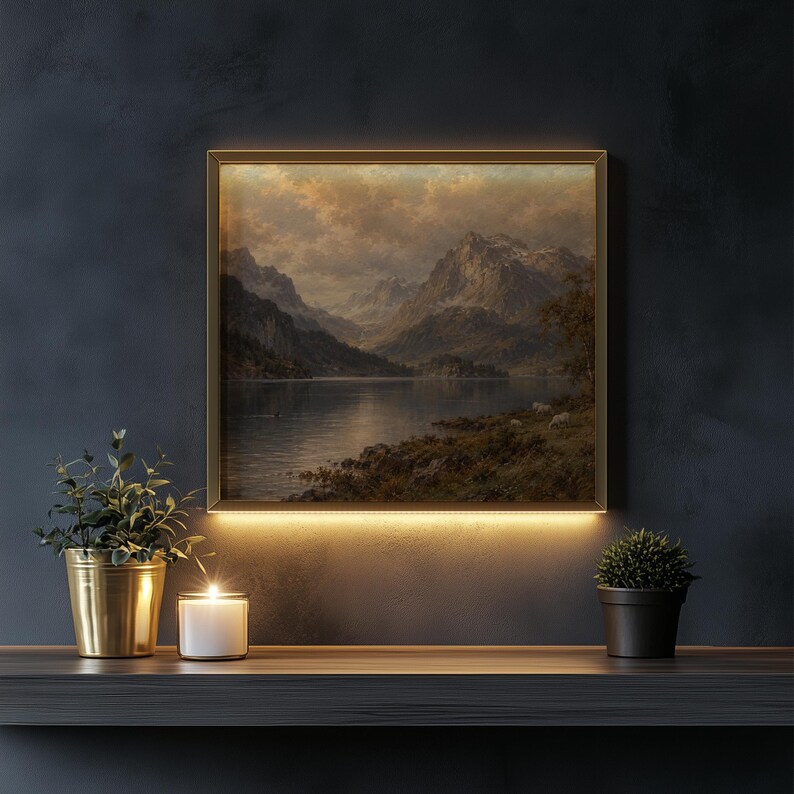Classic alpine vista printable art for dining room — layered clouds and textured brushwork in vintage style
