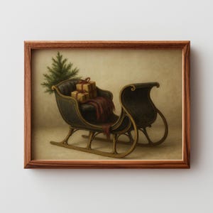 Vintage horse-drawn sleigh painting printable art with wrapped gifts and evergreen tree for farmhouse gallery wall