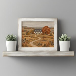 Fall season wall art for kitchen — weathered cottage nestled in muted earth-tone landscape