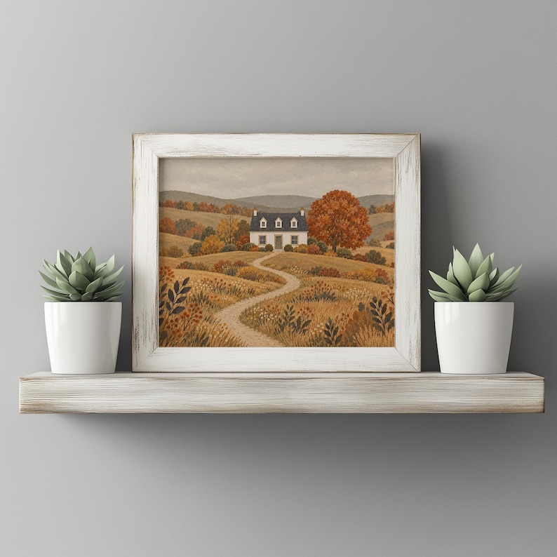 Fall season wall art for kitchen — weathered cottage nestled in muted earth-tone landscape