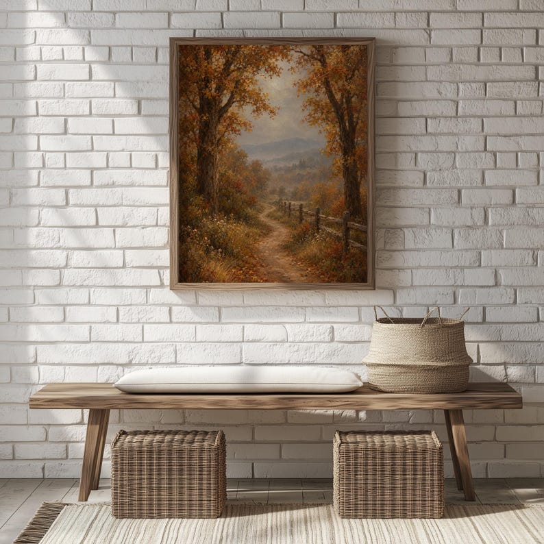 Mountain landscape wall art for farmhouse — winding path through golden trees with weathered fence details