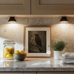 Moody seasonal crow poster with botanical elements — aged aesthetic wall art featuring thistles and hazy atmospheric setting