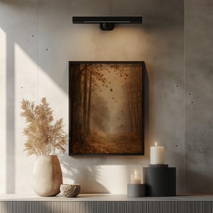 Vintage autumn landscape poster — faded golden-brown forest with suspended foliage and misty depth