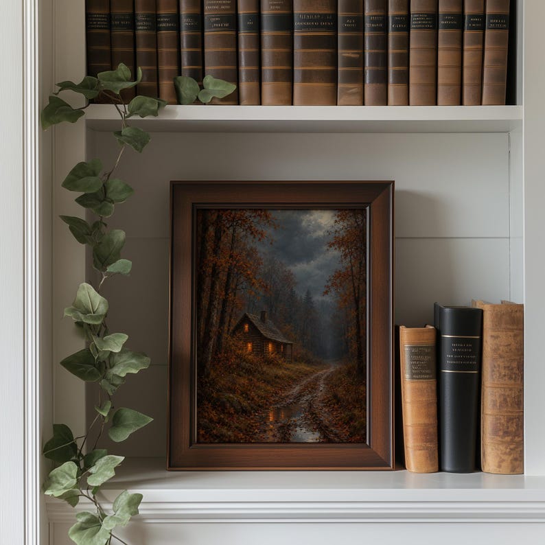 Forest cabin digital print for living room — rustic landscape with golden fall trees and atmospheric lighting
