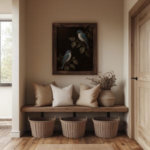 Branch perched songbirds printable picture for study — moody antique patina with delicate foliage