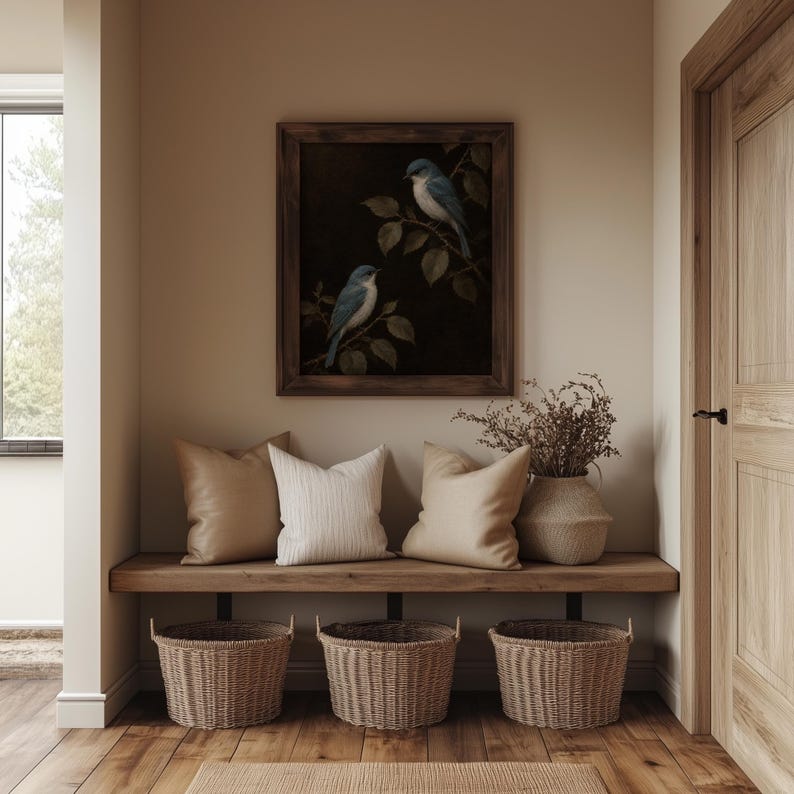 Branch perched songbirds printable picture for study — moody antique patina with delicate foliage
