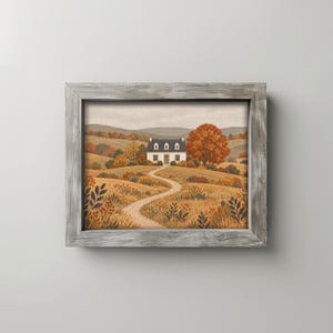 Rolling hills landscape wall art instant download — folk-style farmhouse with dried wildflowers lining path