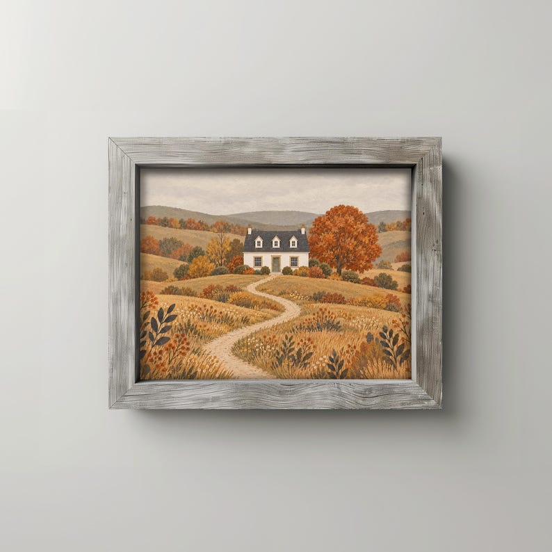 Rolling hills landscape wall art instant download — folk-style farmhouse with dried wildflowers lining path