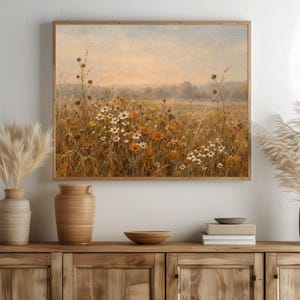 Soft autumn wildflower digital print for gallery wall — nostalgic pastoral scene with warm earthy color palette