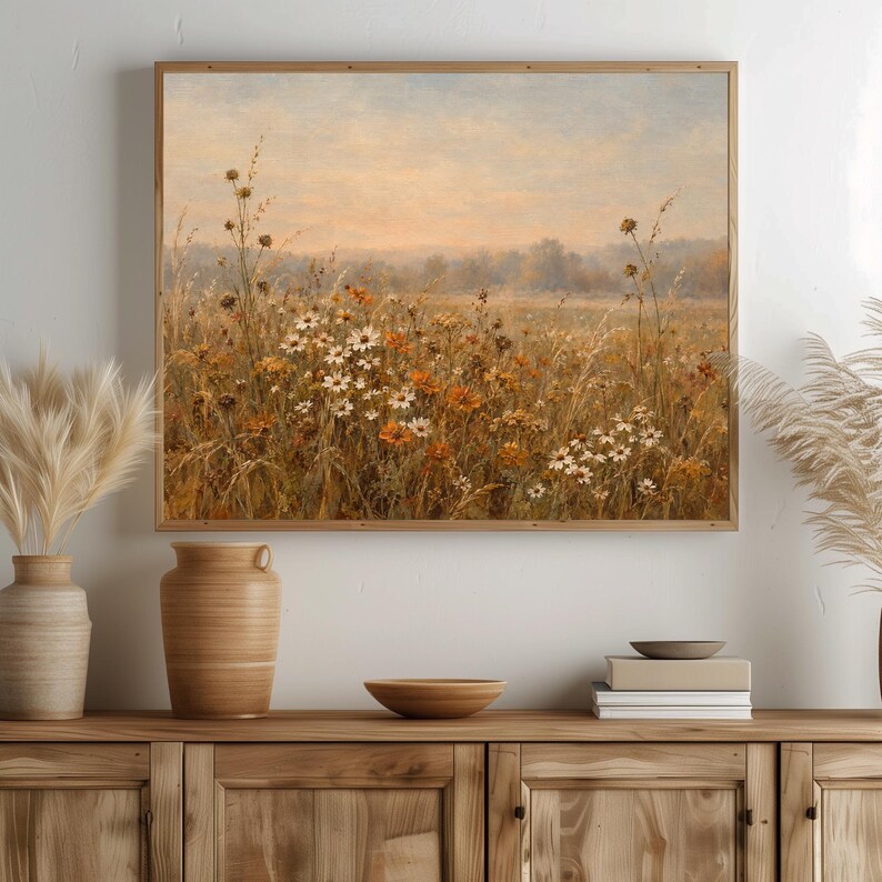 Soft autumn wildflower digital print for gallery wall — nostalgic pastoral scene with warm earthy color palette