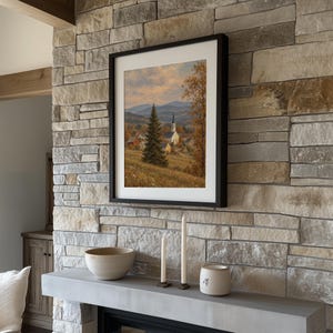 Classic chapel wall art digital print — muted earth palette with distant mountains and wildflowers