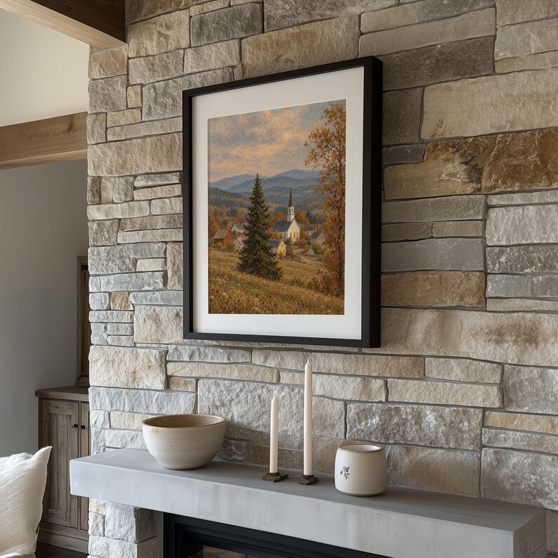 Classic chapel wall art digital print — muted earth palette with distant mountains and wildflowers