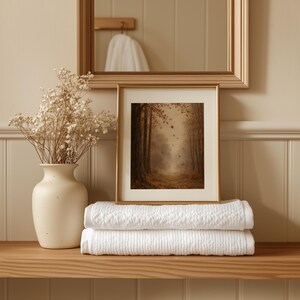 Misty woodland digital download for gallery wall — cozy landscape with rustic antique aesthetic and warm earthy color scheme