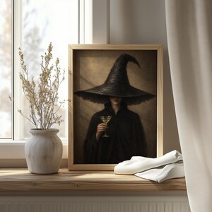 Pointed hat enchantress with stemware picture printable artwork for walls — dark seasonal illustration