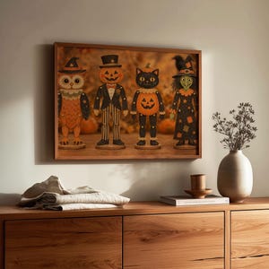 Hand-painted jointed Halloween doll artwork for kitchen — pumpkin patch background with charming seasonal illustration