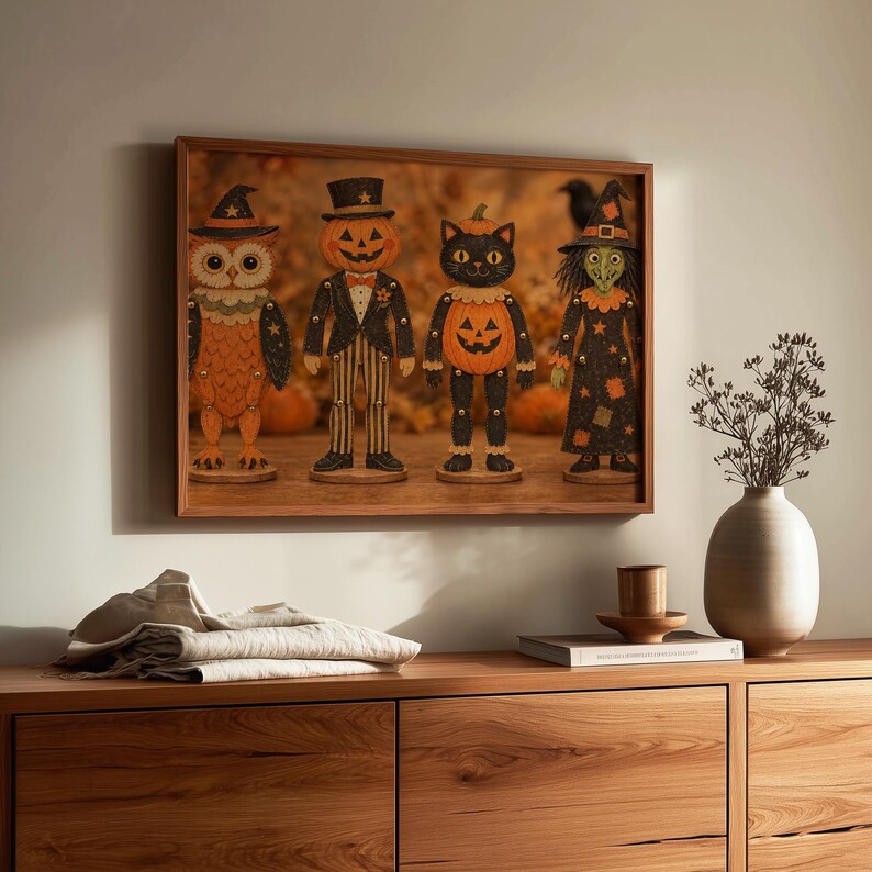 Hand-painted jointed Halloween doll artwork for kitchen — pumpkin patch background with charming seasonal illustration