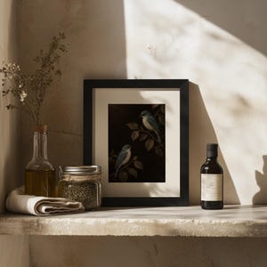 Leafy bough birds poster for bedroom — rustic vintage aesthetic with aged botanical elements