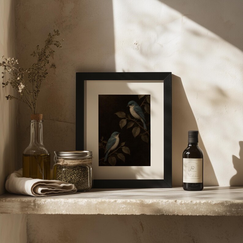 Leafy bough birds poster for bedroom — rustic vintage aesthetic with aged botanical elements