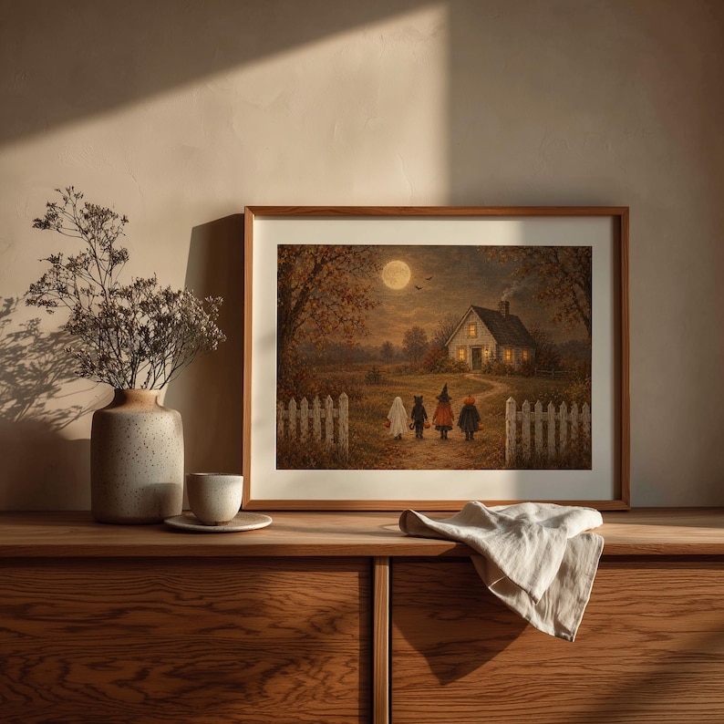 Autumn evening trick-or-treating scene digital download for gallery wall — soft brushstrokes with cottagecore aesthetic