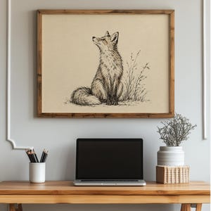 Hand-inked fox portrait poster with botanical elements — vintage aesthetic capturing serene countryside mood
