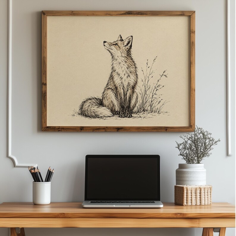 Hand-inked fox portrait poster with botanical elements — vintage aesthetic capturing serene countryside mood