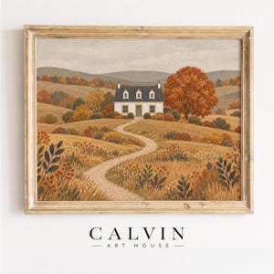 Cozy estate cottage wall art printable for hallway — folk-painted landscape with soft overcast sky and heritage feel