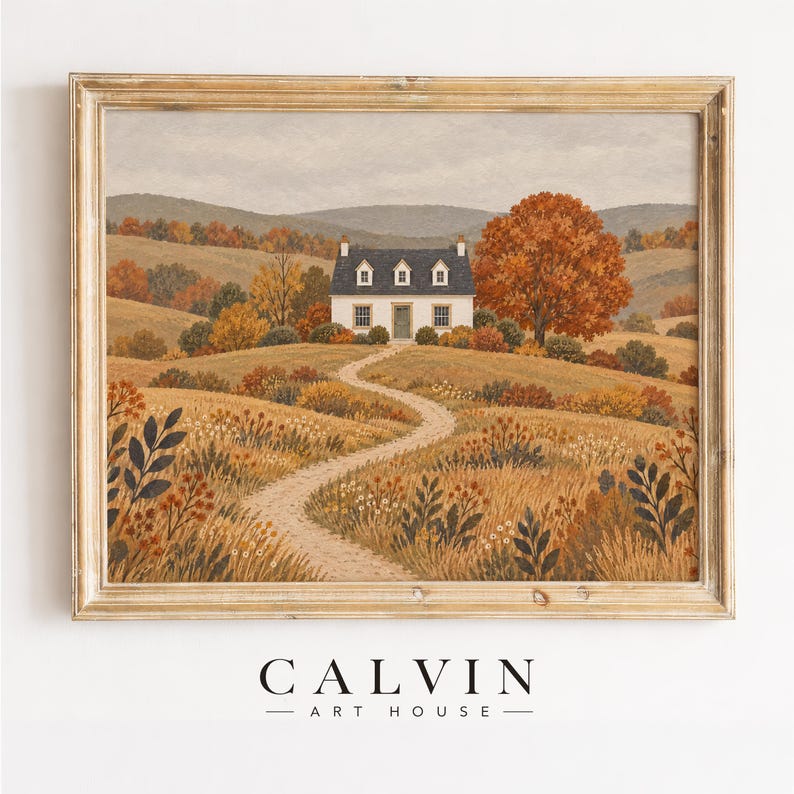 Cozy estate cottage wall art printable for hallway — folk-painted landscape with soft overcast sky and heritage feel