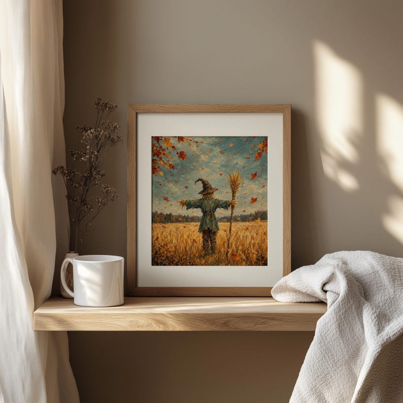 Countryside scarecrow artwork for living room gallery — textured oil painting style with rich seasonal color palette and leaf details