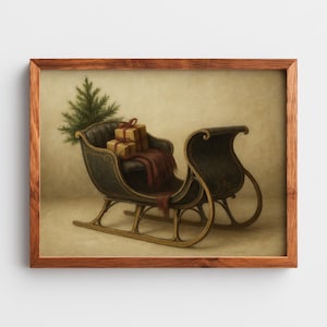 Nostalgic horse sleigh wall art for living room displaying wrapped packages and small tree in vintage farmhouse style