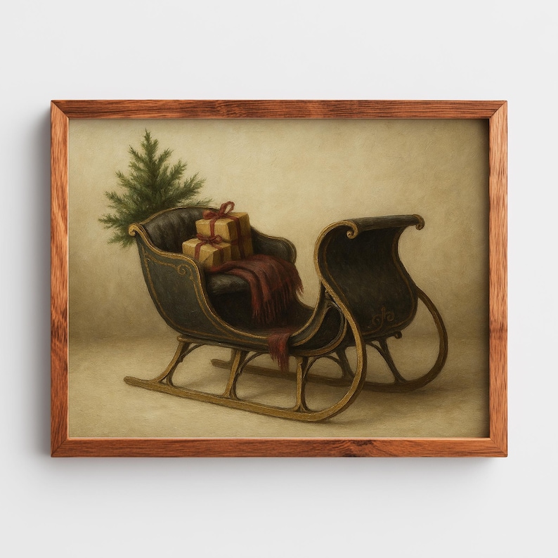 Nostalgic horse sleigh wall art for living room displaying wrapped packages and small tree in vintage farmhouse style